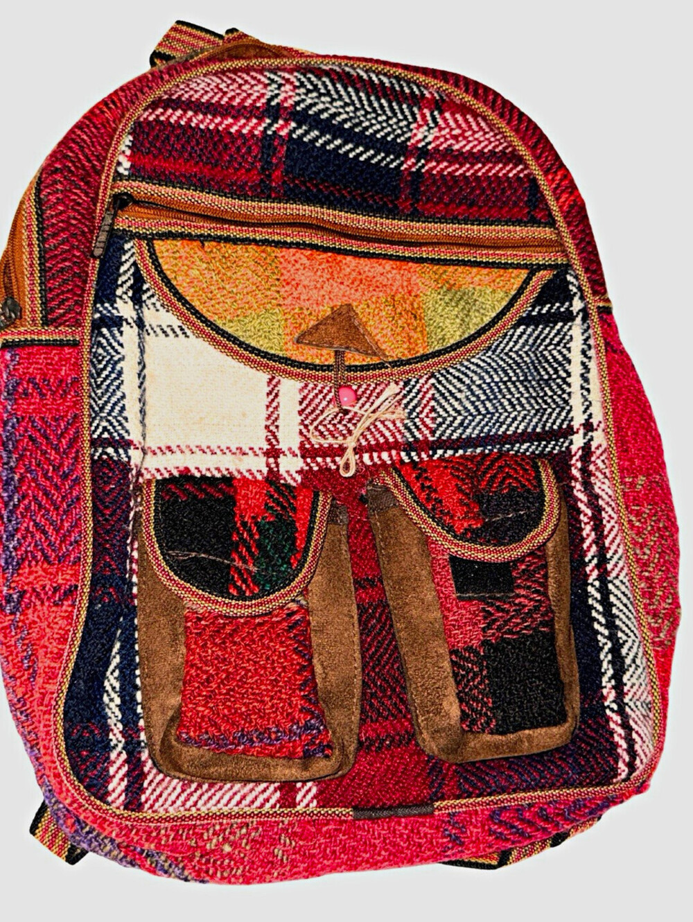 Multicolor Plaid Fabric Hiking Backpack Zip Closure Adjustable Straps